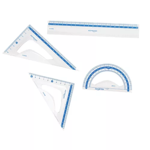 Vonalzókészlet, 20 cm, vonalzó, szögmérő, 45° és 60° háromszög vonalzók 4 db/bliszter Keyroad