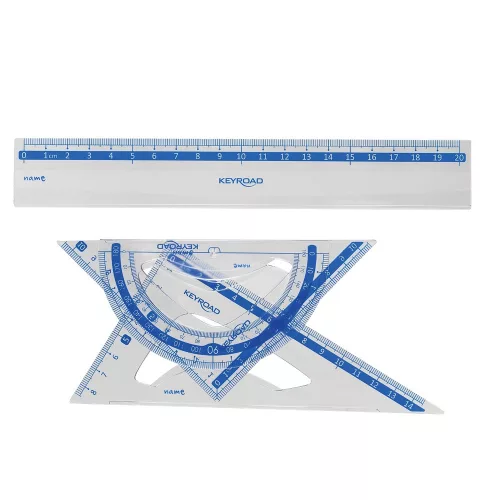 Vonalzókészlet, 20 cm, vonalzó, szögmérő, 45° és 60° háromszög vonalzók 4 db/bliszter Keyroad