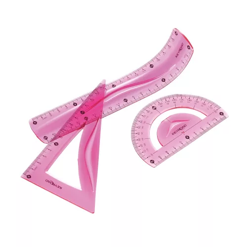 Vonalzókészlet, 20 cm, flexibilis vonalzó, szögmérő, derékszög vonalzó, 3 db/bliszter Keyroad vegyes színek
