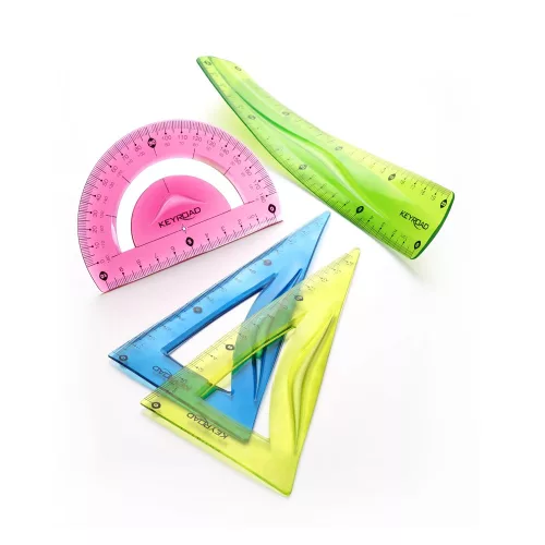 Vonalzókészlet, 20 cm, flexibilis vonalzó, szögmérő, derékszög vonalzó, 3 db/bliszter Keyroad vegyes színek