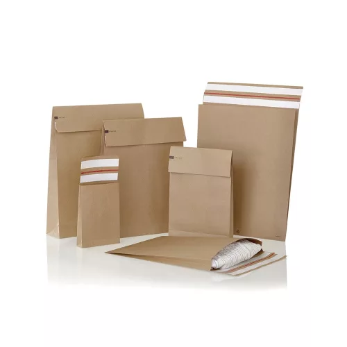 Csomagküldő webshop tasak 250x350x50mm, erős kraft papírból 250 db/doboz, E-green barna