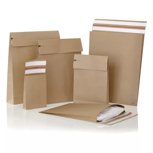 Csomagküldő webshop tasak 400x500x100mm, erős kraft papírból 100 db/doboz, E-green barna