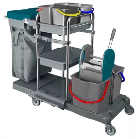   Takarítókocsi króm vázas 2 x 18 liter és 4 x 5 liter moppréssel eszköz- és zsáktartóval textil zsákkal KA405FK