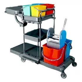   Takarítókocsi króm vázas 2 x 18 liter és 4 x 5 liter moppréssel eszköz- és zsáktartóval textil zsákkal KA405FK