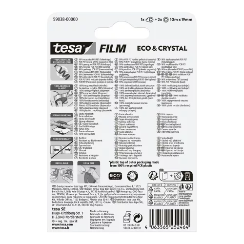 Ragasztószalag 19mmx10m irodai újrahasznosított 2 db víztiszta szalag+adagoló Tesa Eco & Crystal