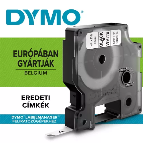 Feliratozógép szalag Dymo D1 S0720780/43613 6mmx7m, ORIGINAL, fekete/fehér