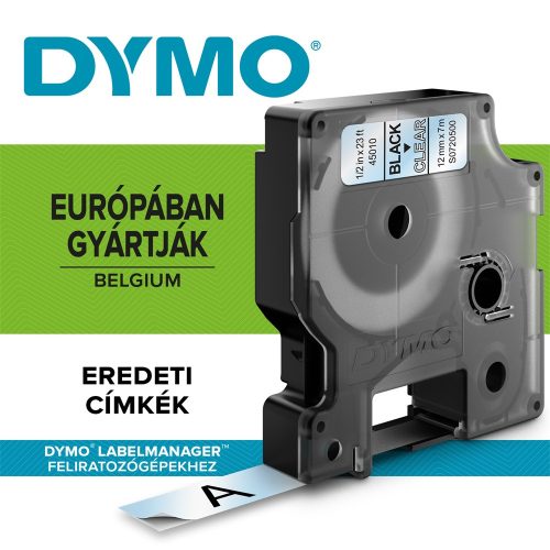 Feliratozógép szalag Dymo D1 S0720500/45010 12mmx7m, ORIGINAL, fekete/víztiszta