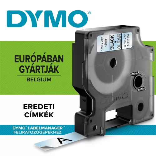 Feliratozógép szalag Dymo D1 S0720500/45010 12mmx7m, ORIGINAL, fekete/víztiszta