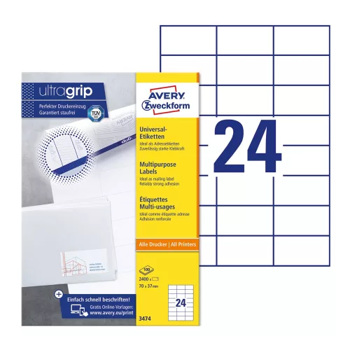 Etikett címke, 70 x37mm, univerzális, 24 címke/ív, 100 ív/doboz, Avery fehér