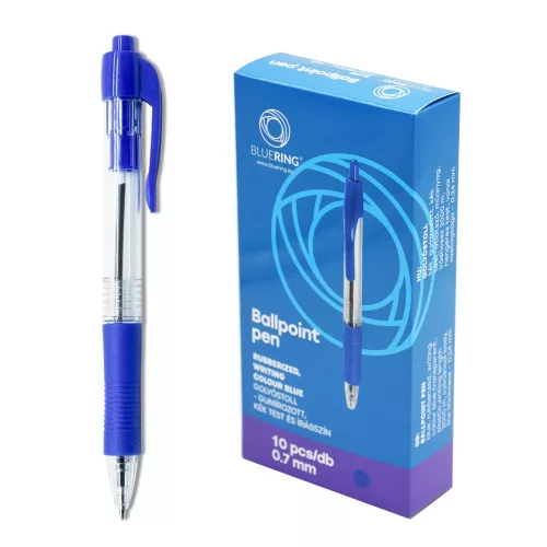 Golyóstoll 0,7mm, nyomógombos, gumírozott fogórész, kék átlátszó test, Bluering® R2, írásszín kék