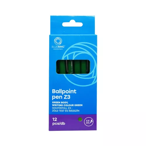 Golyóstoll 0,8mm, nyomógombos műanyag zöld test, Bluering® Z3, írásszín zöld