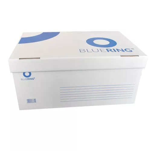 Archiváló konténer karton doboz fedeles 54x36x25cm, felfelé nyíló tetővel Bluering® fehér-kék
