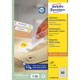   Etikett címke, 35,6 x16,9mm, univerzális visszaszedhető, 80 címke/ív, 100 ív/doboz, Avery fehér