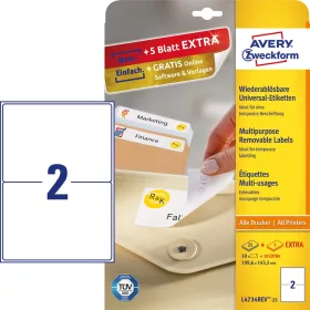   Etikett címke, 199,6 x143,5mm, univerzális visszaszedhető, 2 címke/ív, 25 ív/doboz, Avery fehér