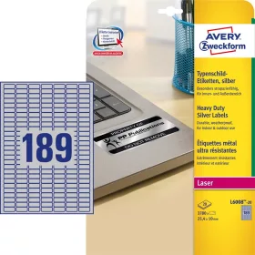   Etikett címke, 25,4 x10mm, ipari poliészter, 189 címke/ív, 20 ív/doboz, Avery ezüst