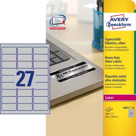   Etikett címke, 63,5 x29,6mm, ipari poliészter, 27 címke/ív, 20 ív/doboz, Avery ezüst