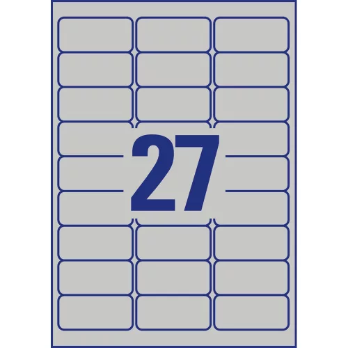 Etikett címke, 63,5 x29,6mm, ipari poliészter, 27 címke/ív, 20 ív/doboz, Avery ezüst
