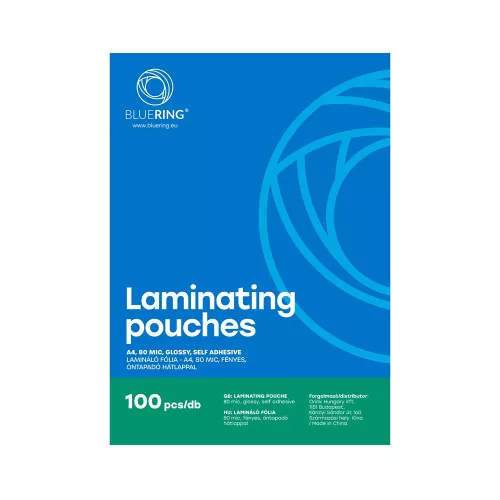 Lamináló fólia A4, 80 micron öntapadó hátlappal 100 db/doboz, Bluering®,