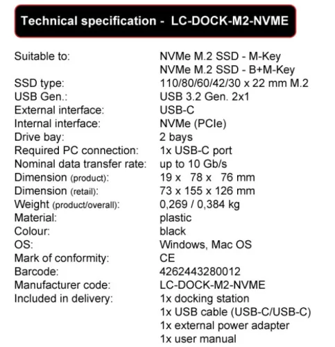 USB 3.2 M.2 NVMe dokkoló és klónozó állomás LC-Power LC-Dock-M2-NVMe