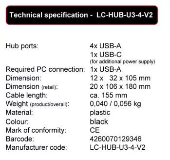 4 portos USB-C 3.2 Hub LC Power LC-HUB-U3-4-V2 