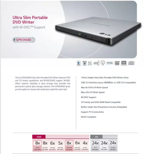 USB DVD író LG GP60NS60 slim