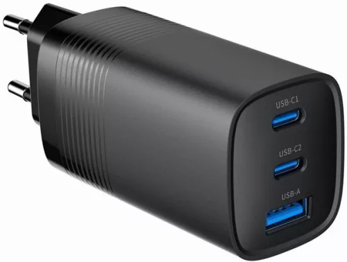 Telefon töltő 67W  1xUSB + 2xUSB-C Gembird GaN TA-UC-PDQC65-01-BK