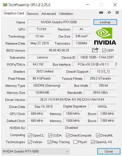 nVidia Quadro RTX 5000 vidokártya