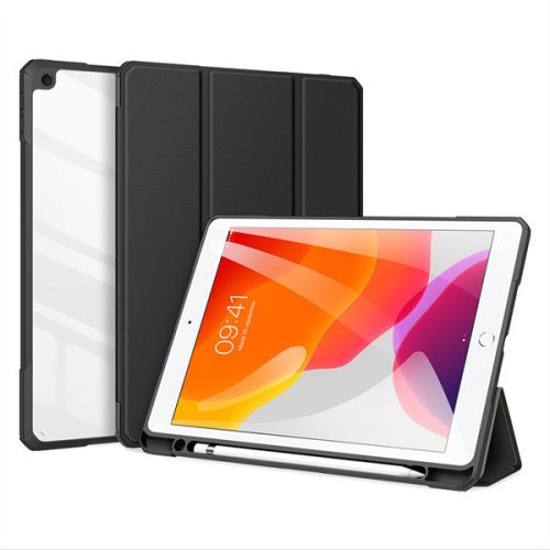 Apple iPad 10.2 (2019 / 2020 / 2021), mappa tok, Smart Case, légpárnás sarok, közepesen ütésálló, érintőceruza tartó, átlátszó hátlap, Dux Ducis Toby, fekete