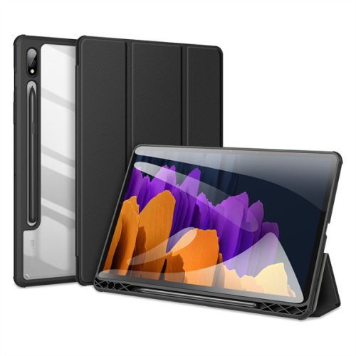 Samsung Galaxy Tab S7 11.0 / Tab S8 11.0, mappa tok, Trifold, légpárnás sarok, közepesen ütésálló, érintőceruza tartó, átlátszó hátlap, Dux Ducis Toby, fekete