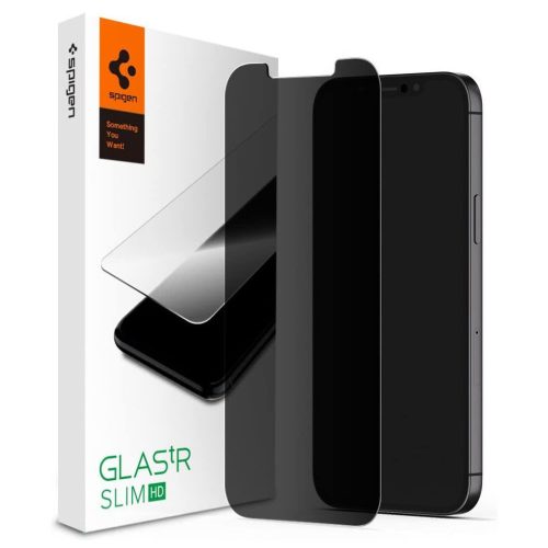 Apple iPhone 12 / 12 Pro, Kijelzővédő fólia, ütésálló fólia (az íves részre is!), Tempered Glass (edzett üveg), Spigen Glastr Slim HD Privacy, Clear