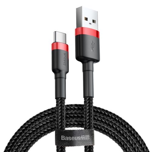 USB töltő- és adatkábel, USB Type-C, 50 cm, 3000 mA, törésgátlóval, gyorstöltés, cipőfűző minta, Baseus Cafule CATKLF-A91, fekete/piros