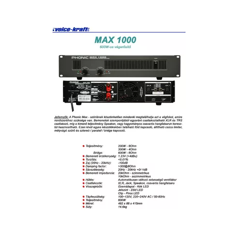 MAX1000 Végerősítő, 2x300W/4Ohm