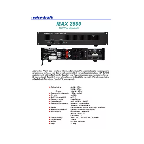 MAX2500 Plus Végerősítő, 2x750W/4Ohm