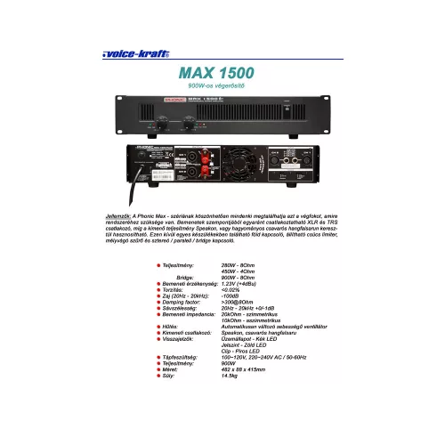 MAX1500 Plus Végerősítő, 2x450W/4Ohm