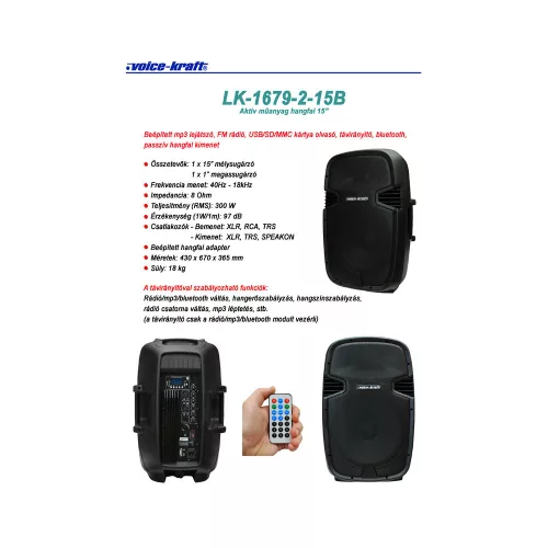 LK-1679-2-15B Aktív műa. hangfal, 15", 200/400W, FM rádióval, MP3, távirányító, Bluetooth, passzív hangfal kimenet