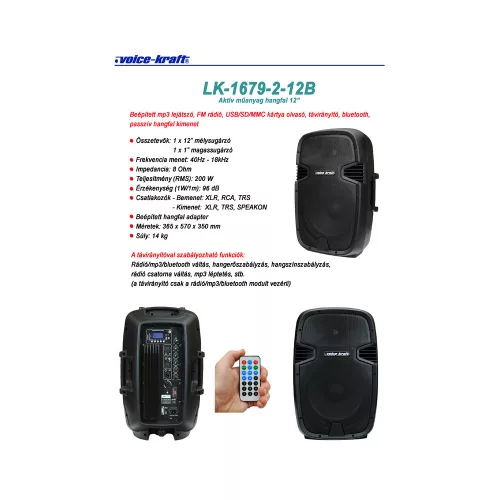 LK-1679-2-12B Aktív műa. hangfal,12", 200/300W FM rádióval, MP3, távirányító, Bluetooth, passzív hangfal kimenet