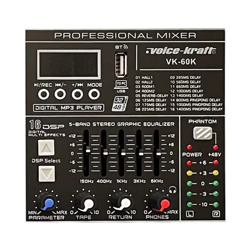 VK-60K Powermixer, 2x150W/4Ohm, USB Audio interface, Bluetooth